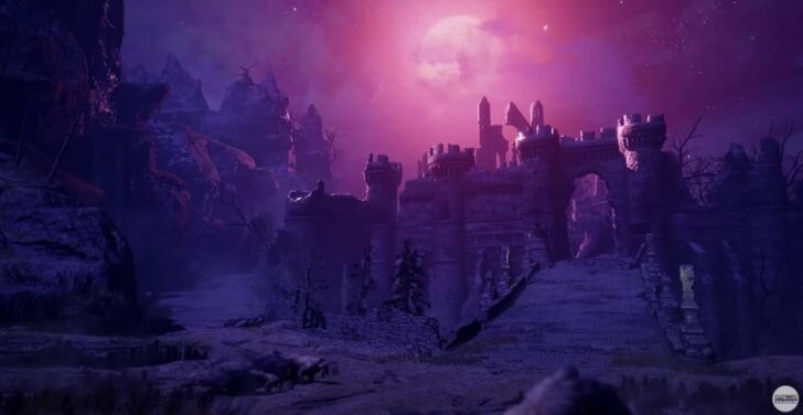 夜なのか日食現象が起こっているのか、紫の光が照らす中にたたずむ崩れた城